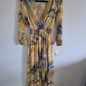 Enfocus Studio Gold Wrap Maxi Dress with Bishop Sleeves Lined Bottom Resortwear